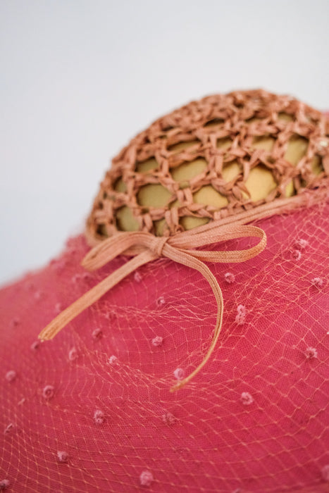 Delightful 1940's Raspberry Straw Cartwheel Hat by Hattie Carnegie / OS