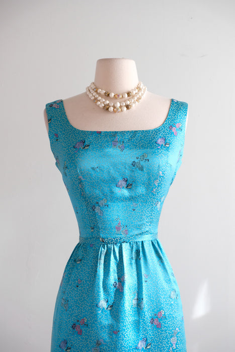 Beautiful 1960's Turquoise Chinese Silk Brocade Cocktail Dress & Jacket / XS