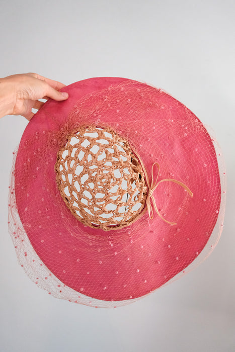 Delightful 1940's Raspberry Straw Cartwheel Hat by Hattie Carnegie / OS