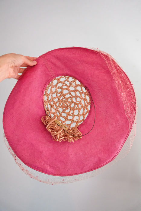 Delightful 1940's Raspberry Straw Cartwheel Hat by Hattie Carnegie / OS