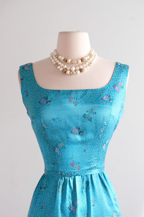 Beautiful 1960's Turquoise Chinese Silk Brocade Cocktail Dress & Jacket / XS