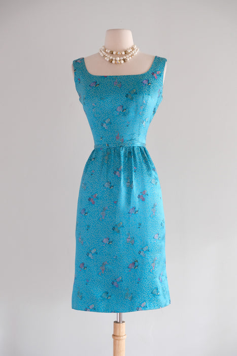 Beautiful 1960's Turquoise Chinese Silk Brocade Cocktail Dress & Jacket / XS
