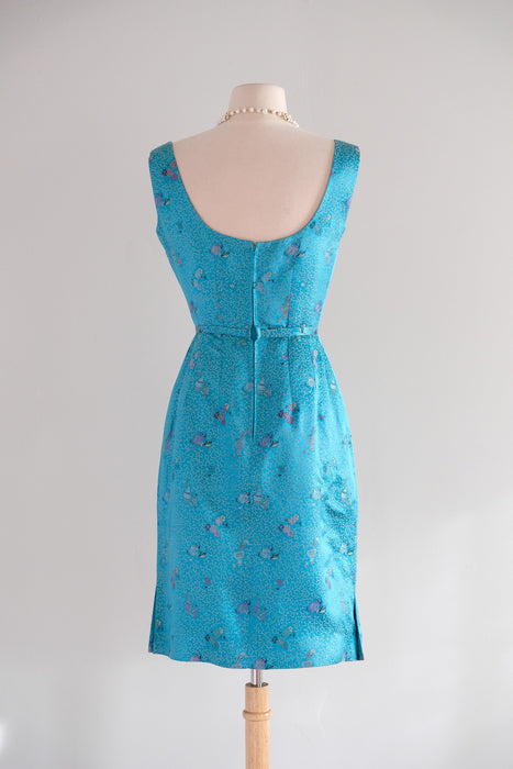 Beautiful 1960's Turquoise Chinese Silk Brocade Cocktail Dress & Jacket / XS