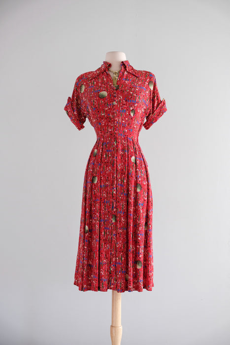 Adorable 1940's Confetti Print Red Rayon Dress by Toni Karen / M