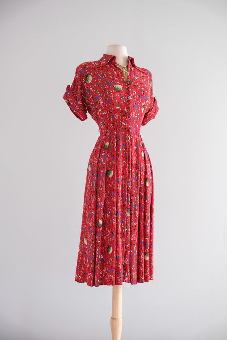 Adorable 1940's Confetti Print Red Rayon Dress by Toni Karen / M