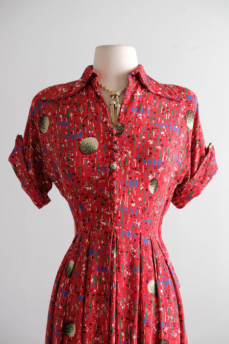 Adorable 1940's Confetti Print Red Rayon Dress by Toni Karen / M