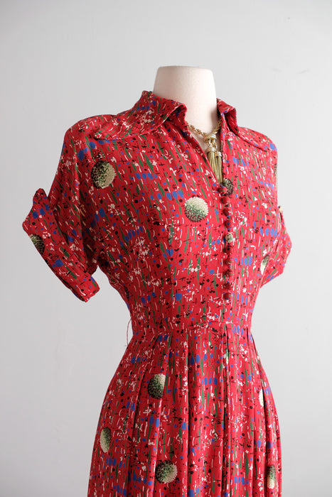 Adorable 1940's Confetti Print Red Rayon Dress by Toni Karen / M