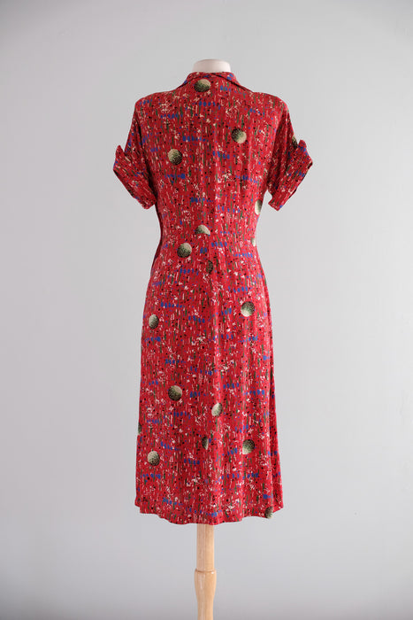 Adorable 1940's Confetti Print Red Rayon Dress by Toni Karen / M