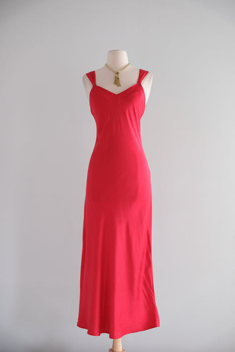 Vintage 1990's Bias Cut Scarlet Red Silk Slip Gown by Silkscreen / S
