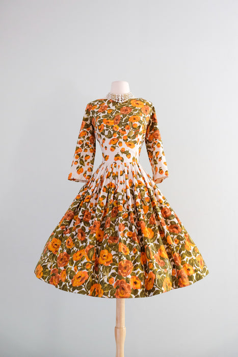 Marvelous 1950's Orange Abstract Floral Dress By Jay Herbert / M