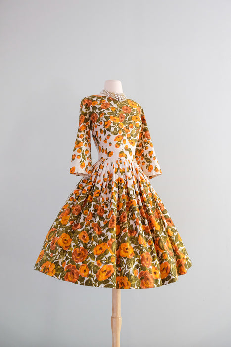 Marvelous 1950's Orange Abstract Floral Dress By Jay Herbert / M