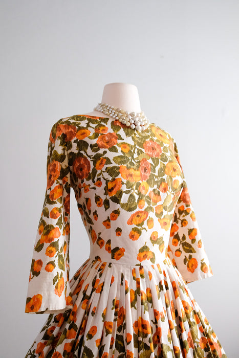 Marvelous 1950's Orange Abstract Floral Dress By Jay Herbert / M