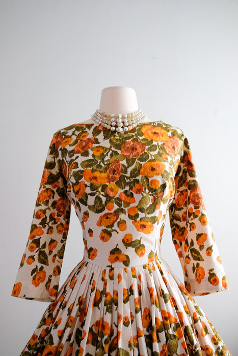 Marvelous 1950's Orange Abstract Floral Dress By Jay Herbert / M