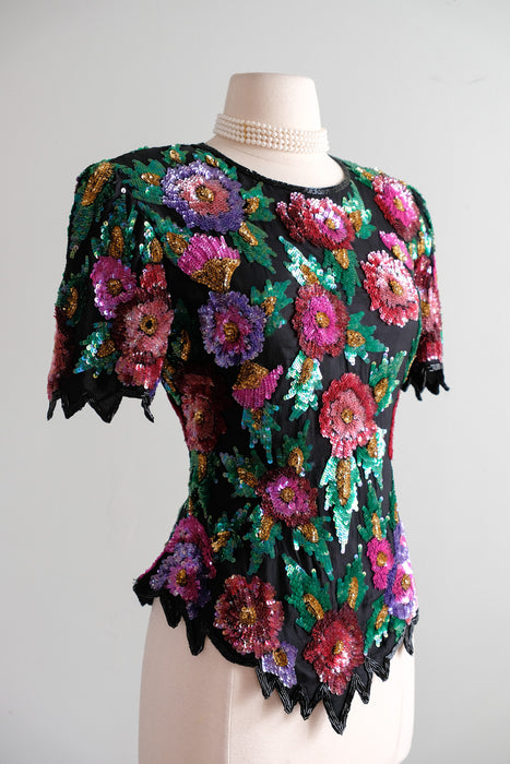 Vintage 1980's Floral Sequin Party Blouse by Laurence Kazar / M