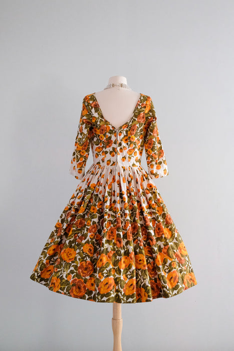 Marvelous 1950's Orange Abstract Floral Dress By Jay Herbert / M