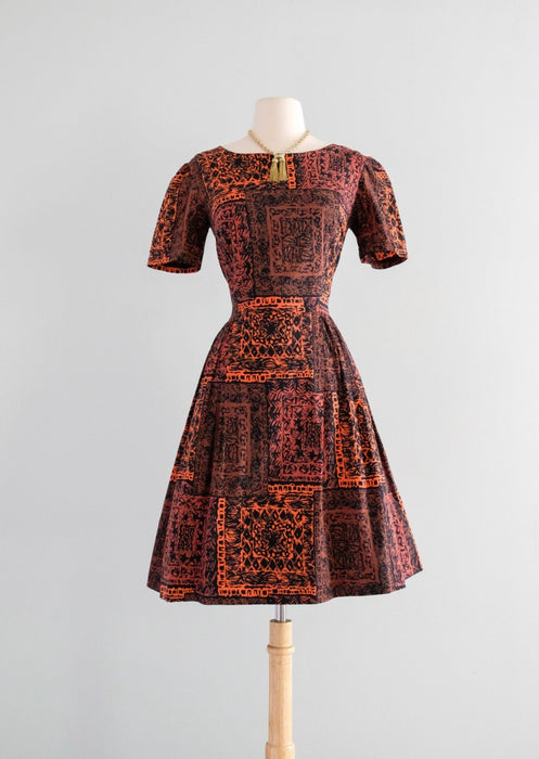 Fab 1960's Hawaiian Block Print Cotton Day Dress / M