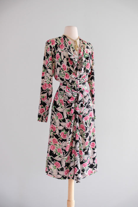 Vintage 1940's Carnations & Butterflies Print Floral Rayon Dress with Bows / M