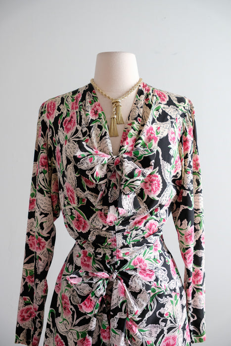 Vintage 1940's Carnations & Butterflies Print Floral Rayon Dress with Bows / M