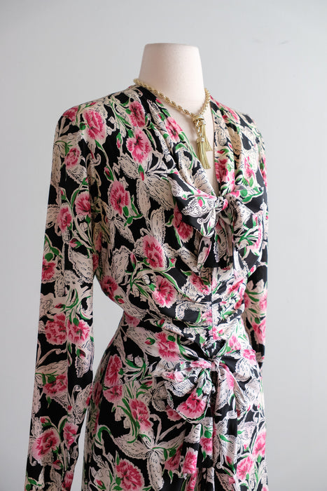 Vintage 1940's Carnations & Butterflies Print Floral Rayon Dress with Bows / M
