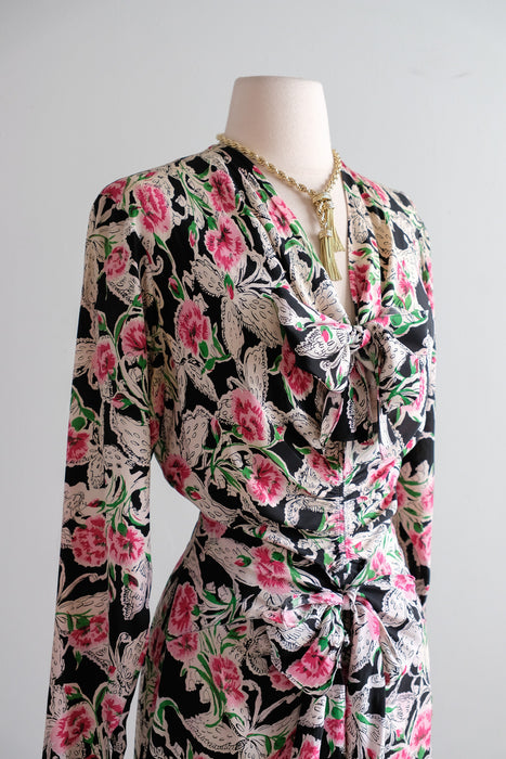 Vintage 1940's Carnations & Butterflies Print Floral Rayon Dress with Bows / M