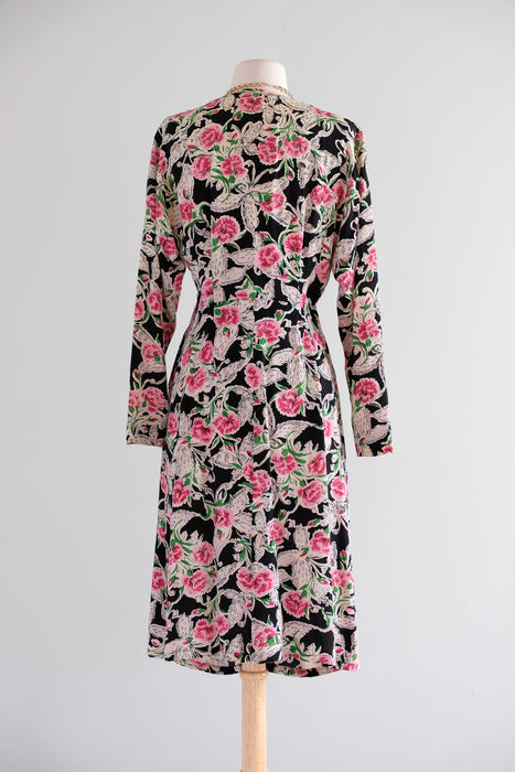Vintage 1940's Carnations & Butterflies Print Floral Rayon Dress with Bows / M