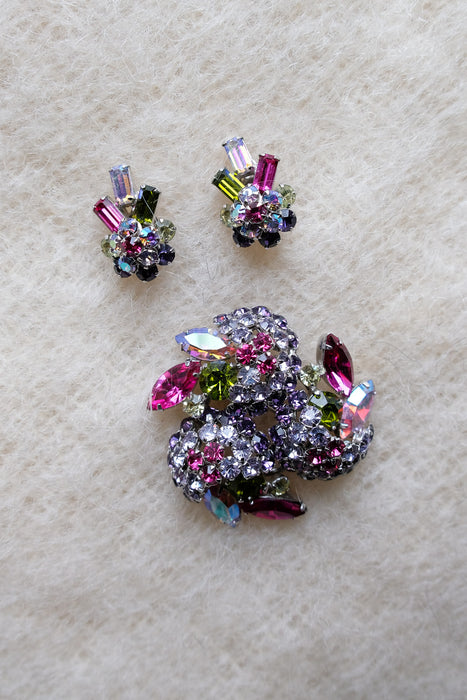 Stunning 1950's Fuscia & Peridot Rhinestone Brooch and Earring Set By Sherman