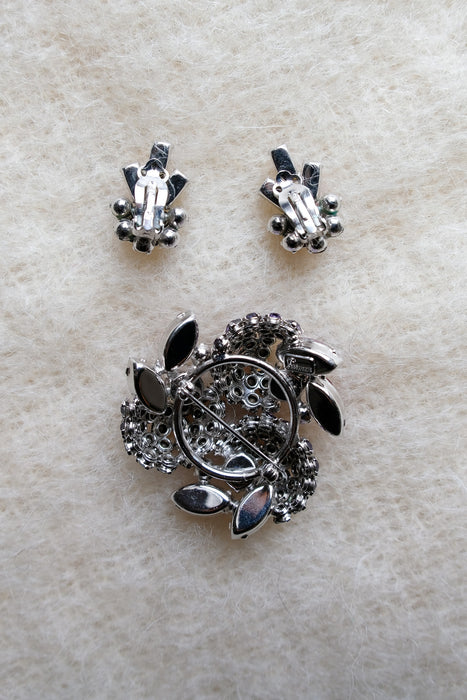 Stunning 1950's Fuscia & Peridot Rhinestone Brooch and Earring Set By Sherman