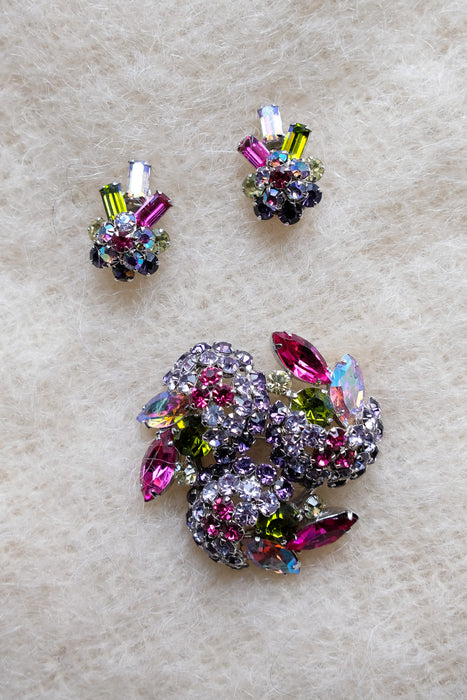 Stunning 1950's Fuscia & Peridot Rhinestone Brooch and Earring Set By Sherman
