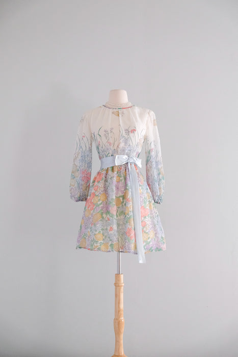 Sweetest 1970's Meadow Floral Mini Dress by Christos / XS