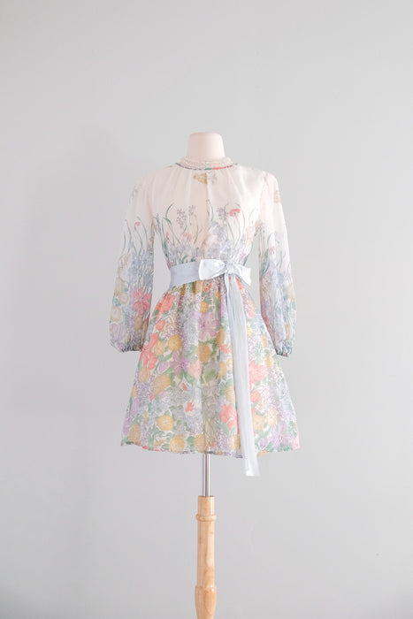 Sweetest 1970's Meadow Floral Mini Dress by Christos / XS