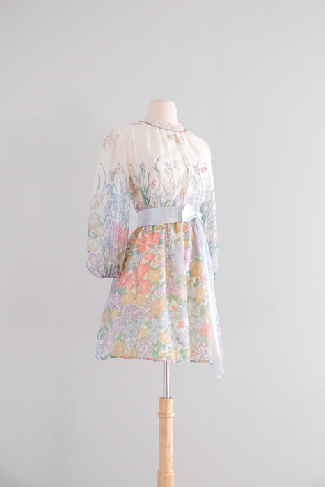 Sweetest 1970's Meadow Floral Mini Dress by Christos / XS