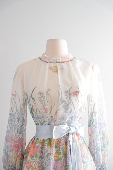 Sweetest 1970's Meadow Floral Mini Dress by Christos / XS