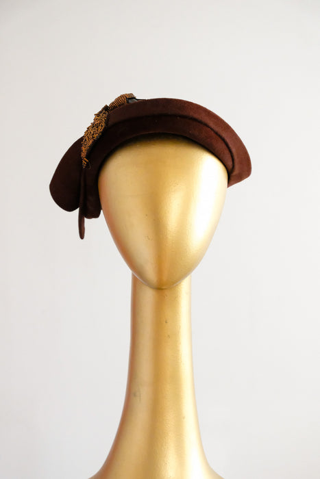 Vintage 1940's Brown Felt Cocktail Hat with Bronze Beaded Crane by Sunnyland / OS
