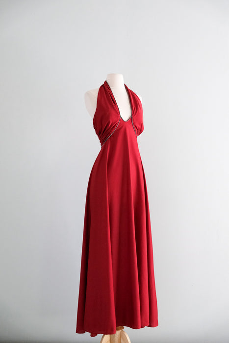 Sexy 1970's Lipstick Red Rhinestone Gown / S