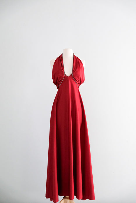 Sexy 1970's Lipstick Red Rhinestone Gown / S