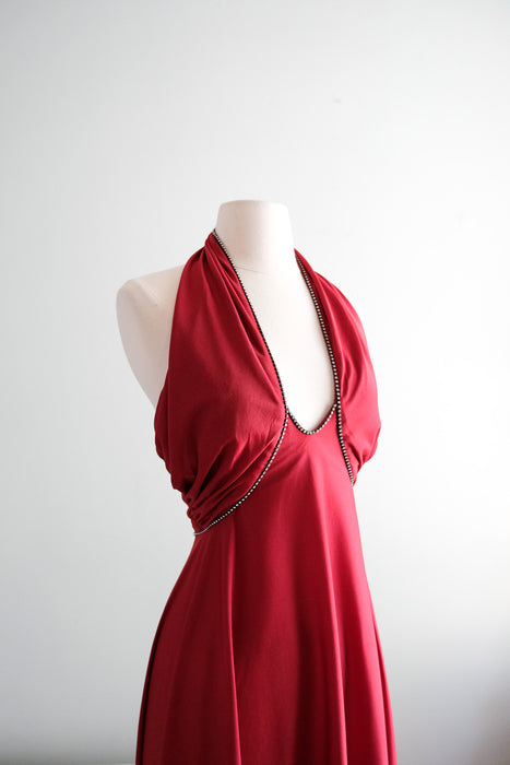 Sexy 1970's Lipstick Red Rhinestone Gown / S