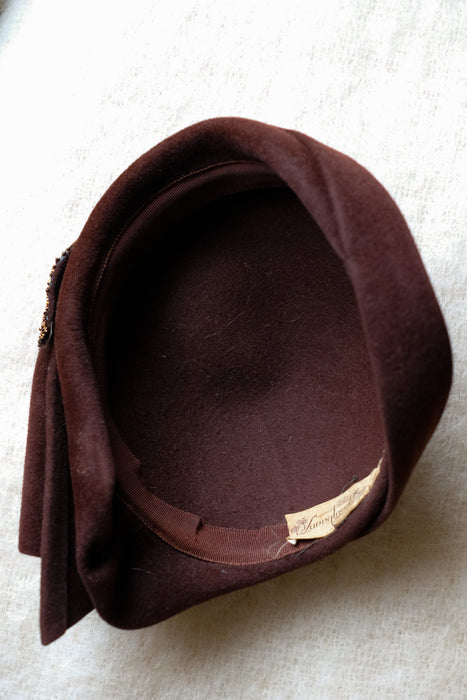 Vintage 1940's Brown Felt Cocktail Hat with Bronze Beaded Crane by Sunnyland / OS