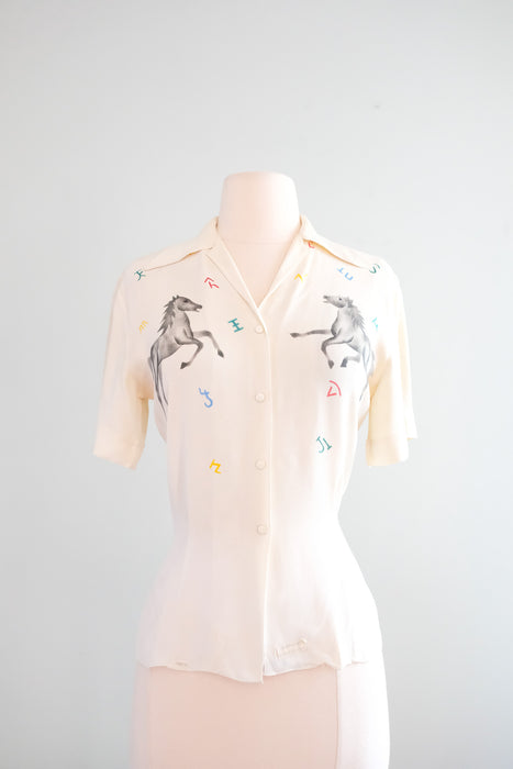 Incredible 1940's Hand Painted Novelty Print Rayon Blouse / M