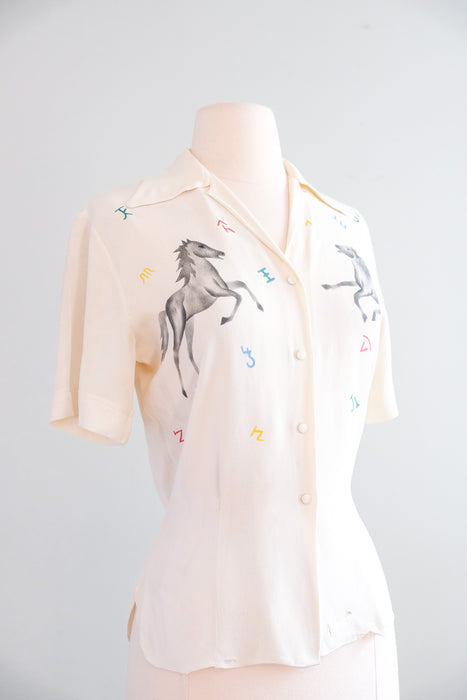 Incredible 1940's Hand Painted Novelty Print Rayon Blouse / M