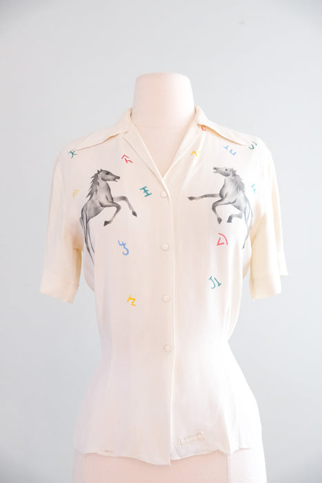 Incredible 1940's Hand Painted Novelty Print Rayon Blouse / M