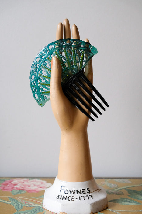 Antique 1920's Art Deco Hair Comb with Emerald Rhinestones