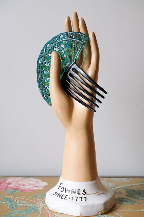 Antique 1920's Art Deco Hair Comb with Emerald Rhinestones