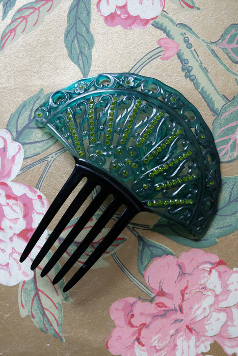Antique 1920's Art Deco Hair Comb with Emerald Rhinestones