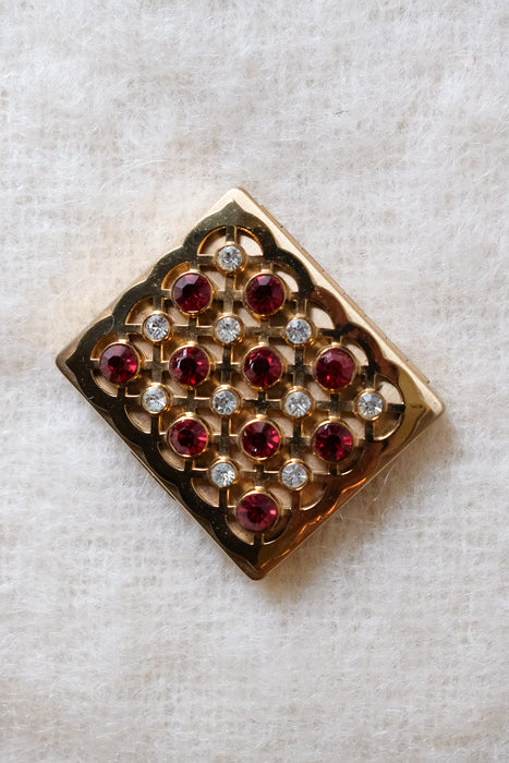Vintage 1950's Ruby Red Rhinetone Goldtone Compact by Gourielli