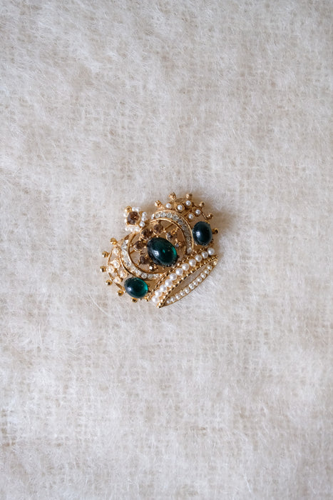 Vintage 1960's Emerald & Goldtone Crown Brooch