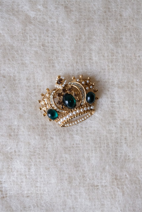 Vintage 1960's Emerald & Goldtone Crown Brooch