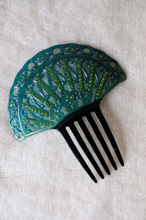 Antique 1920's Art Deco Hair Comb with Emerald Rhinestones