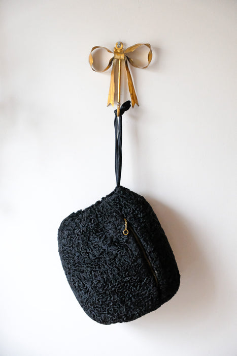 Vintage 1930's Black Persian Lamb Fur Muff / OS
