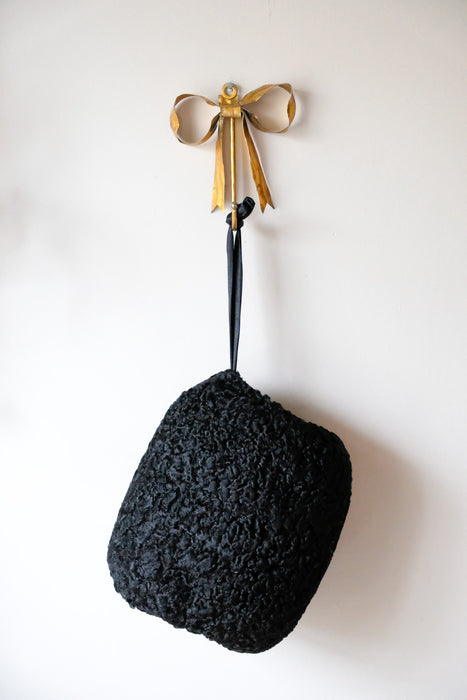 Vintage 1930's Black Persian Lamb Fur Muff / OS