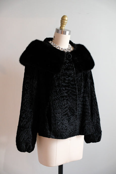 Vintage 1950's Black Persian Lamb & Mink Collar Fur Evening Jacket / S